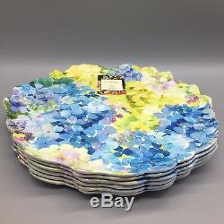 6 Nicole Miller MELAMINE Dinner Plate Set Hydrangea Blue Green Yellow Floral NEW