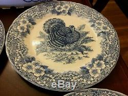 6 Queen's MYOTT Thanksgiving Blue Turkey Dinner Plates England 10 #25