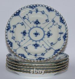 6 ROYAL COPENHAGEN BLUE FLUTED FULL LACE large dinner plate gold rim 1084