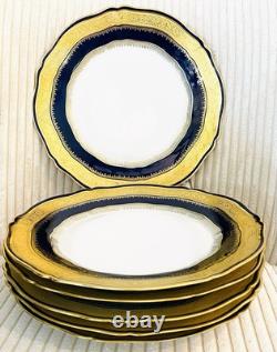 6 Theodore Haviland Limoges Blue Gold Gilt Raised Scallop Dinner Plates Rare