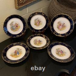 6 Unique Ambrosius Lamm Dresden 7 5/8 Cobalt Blue Courting Scene Plates c. 1900