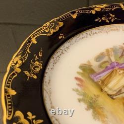 6 Unique Ambrosius Lamm Dresden 7 5/8 Cobalt Blue Courting Scene Plates c. 1900