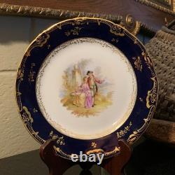 6 Unique Ambrosius Lamm Dresden 7 5/8 Cobalt Blue Courting Scene Plates c. 1900