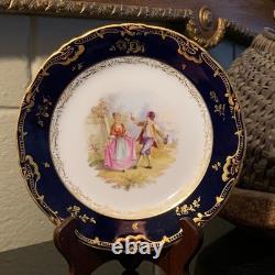 6 Unique Ambrosius Lamm Dresden 7 5/8 Cobalt Blue Courting Scene Plates c. 1900