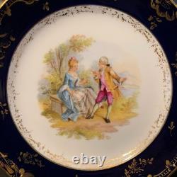 6 Unique Ambrosius Lamm Dresden 7 5/8 Cobalt Blue Courting Scene Plates c. 1900