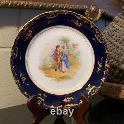 6 Unique Ambrosius Lamm Dresden 7 5/8 Cobalt Blue Courting Scene Plates c. 1900
