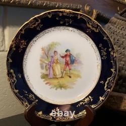 6 Unique Ambrosius Lamm Dresden 7 5/8 Cobalt Blue Courting Scene Plates c. 1900