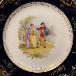 6 Unique Ambrosius Lamm Dresden 7 5/8 Cobalt Blue Courting Scene Plates c. 1900