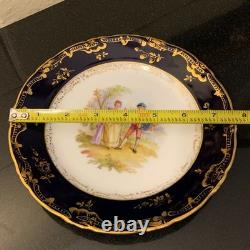 6 Unique Ambrosius Lamm Dresden 7 5/8 Cobalt Blue Courting Scene Plates c. 1900