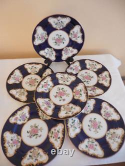 6 Vtg CROWN STAFFORDSHIRE 9 Cobalt Blue Gold Floral DINNER PLATES A7195 c 1900