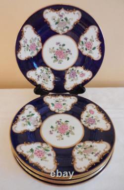 6 Vtg CROWN STAFFORDSHIRE 9 Cobalt Blue Gold Floral DINNER PLATES A7195 c 1900