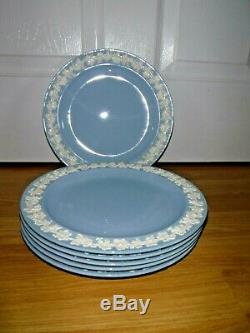 6 Wedgwood QueensWare Etruria & Barlaston White On Blue 10 Dinner Plates