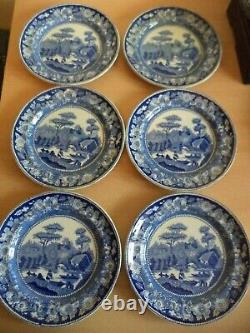 6 old antique BLUE & WHITE TRANSFER willow pattern DINNER PLATES pottery spode