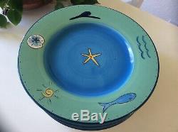 7 K. I. C. Brushes Sea Life Starfish Green Blue Hand Painted 10 3/4 Dinner Plate
