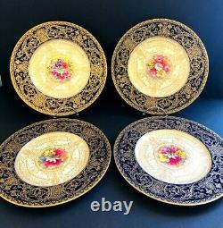 7 Royal Worcester DINNER PLATES Hand Painted Floral Embassy Cobalt Blue C1167