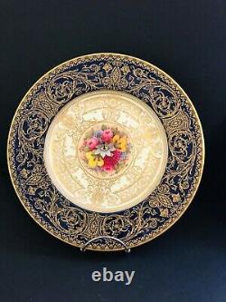 7 Royal Worcester DINNER PLATES Hand Painted Floral Embassy Cobalt Blue C1167