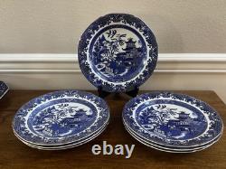 7 Vintage Blue Willow Ware Burleigh Burslem England Gold Rim Dinner Plates 10.5