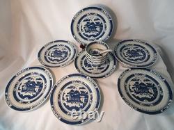 (7) Vtg Canton Rim Blue & White Dinner Plates 9 1/8, 4 Bowls 4.5 & (1) Spoon