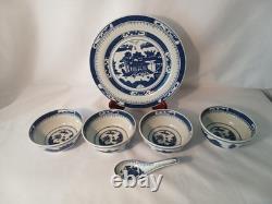 (7) Vtg Canton Rim Blue & White Dinner Plates 9 1/8, 4 Bowls 4.5 & (1) Spoon