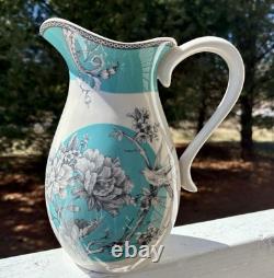 8-222 Fifth Adelaide Turquoise & White Floral Birds 96 oz Pitcher Excellent