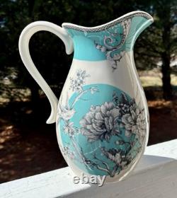 8-222 Fifth Adelaide Turquoise & White Floral Birds 96 oz Pitcher Excellent
