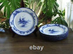 8 Antique Doulton Lambeth NORFOLK Flow Blue 9 7/8 DINNER PLATES Dutch Windmills