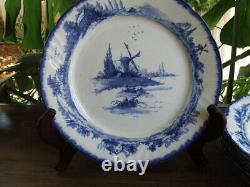 8 Antique Doulton Lambeth NORFOLK Flow Blue 9 7/8 DINNER PLATES Dutch Windmills