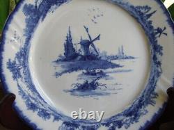 8 Antique Doulton Lambeth NORFOLK Flow Blue 9 7/8 DINNER PLATES Dutch Windmills