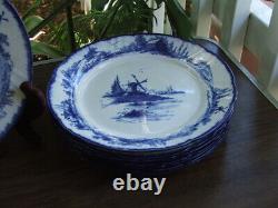 8 Antique Doulton Lambeth NORFOLK Flow Blue 9 7/8 DINNER PLATES Dutch Windmills