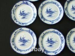 8 Antique Doulton Lambeth NORFOLK Flow Blue 9 7/8 DINNER PLATES Dutch Windmills