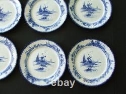 8 Antique Doulton Lambeth NORFOLK Flow Blue 9 7/8 DINNER PLATES Dutch Windmills