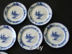 8 Antique Doulton Lambeth NORFOLK Flow Blue 9 7/8 DINNER PLATES Dutch Windmills