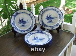 8 Antique Doulton Lambeth NORFOLK Flow Blue 9 7/8 DINNER PLATES Dutch Windmills