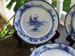 8 Antique Doulton Lambeth NORFOLK Flow Blue 9 7/8 DINNER PLATES Dutch Windmills