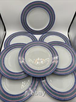 8 Limoges France Site Corot Plate Chardon Courdeau Blue Sponged Rim Green Laurel