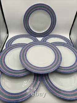 8 Limoges France Site Corot Plate Chardon Courdeau Blue Sponged Rim Green Laurel