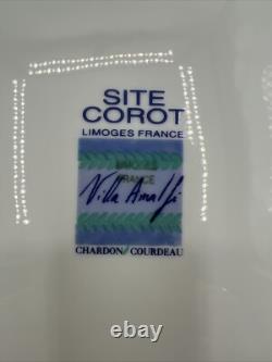 8 Limoges France Site Corot Plate Chardon Courdeau Blue Sponged Rim Green Laurel