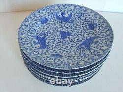 8 PHOENIX BIRD Blue & White Flying Turkey 9 5/8 Dinner Plates Japan 1930s NICE