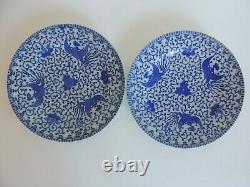 8 PHOENIX BIRD Blue & White Flying Turkey 9 5/8 Dinner Plates Japan 1930s NICE