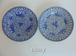 8 PHOENIX BIRD Blue & White Flying Turkey 9 5/8 Dinner Plates Japan 1930s NICE