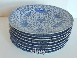 8 PHOENIX BIRD Blue & White Flying Turkey 9 5/8 Dinner Plates Japan 1930s NICE