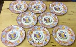8 Staffordshire England Turkey Plates Red & White with Orange, Blue, Green, Yellow