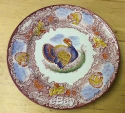 8 Staffordshire England Turkey Plates Red & White with Orange, Blue, Green, Yellow