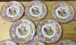 8 Staffordshire England Turkey Plates Red & White with Orange, Blue, Green, Yellow