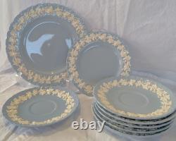 8 WEDGWOOD QUEENSWARE EMBOSSED PLATES Cream On Blue 1-8 & 7-6 Shell Edge