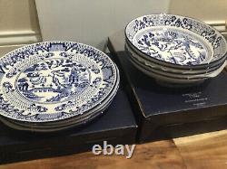 8 pc Eaton Fine Dine English Willow Blue White Pasta Bowl 9 +dinner plate 10.5