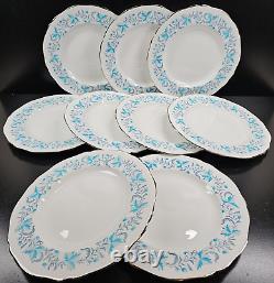 9 Grosvenor Debutante Dinner Plate Set Vintage Platinum Trim Blue Floral MCM Lot
