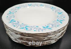 9 Grosvenor Debutante Dinner Plate Set Vintage Platinum Trim Blue Floral MCM Lot