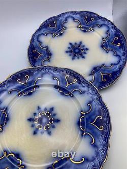 Alfred Meakin CAMBRIDGE Flow Blue Set of 7 x Dinner Plates Gold Accent