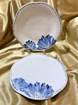 Anthropologie GINNY 11 Dinner Plates NWT 2pc HANDMADE Beaded Border Blue Blooms